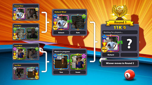 8 Ball Pool tournament bracket displaying player matchups and prize pool information